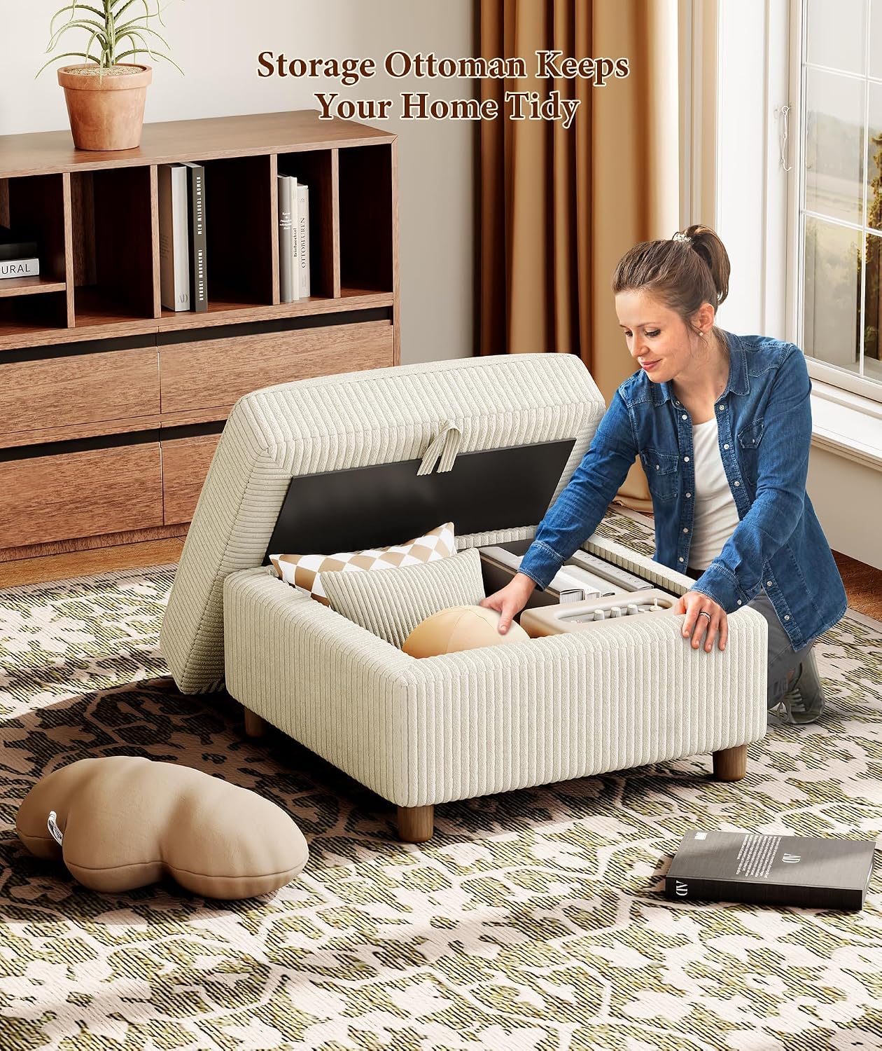 Beige Corduroy Square Storage Ottoman