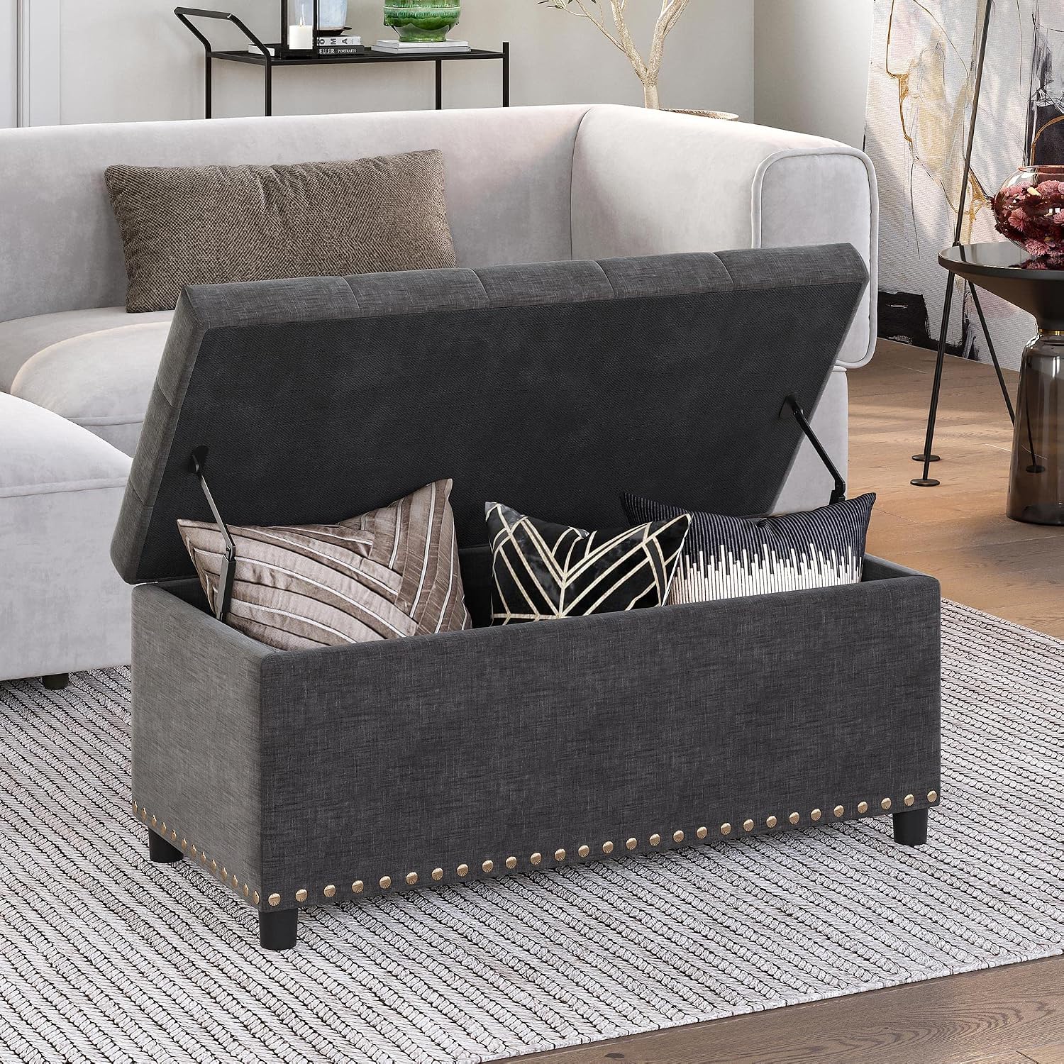 Dark Gray Tufted Storage Ottoman