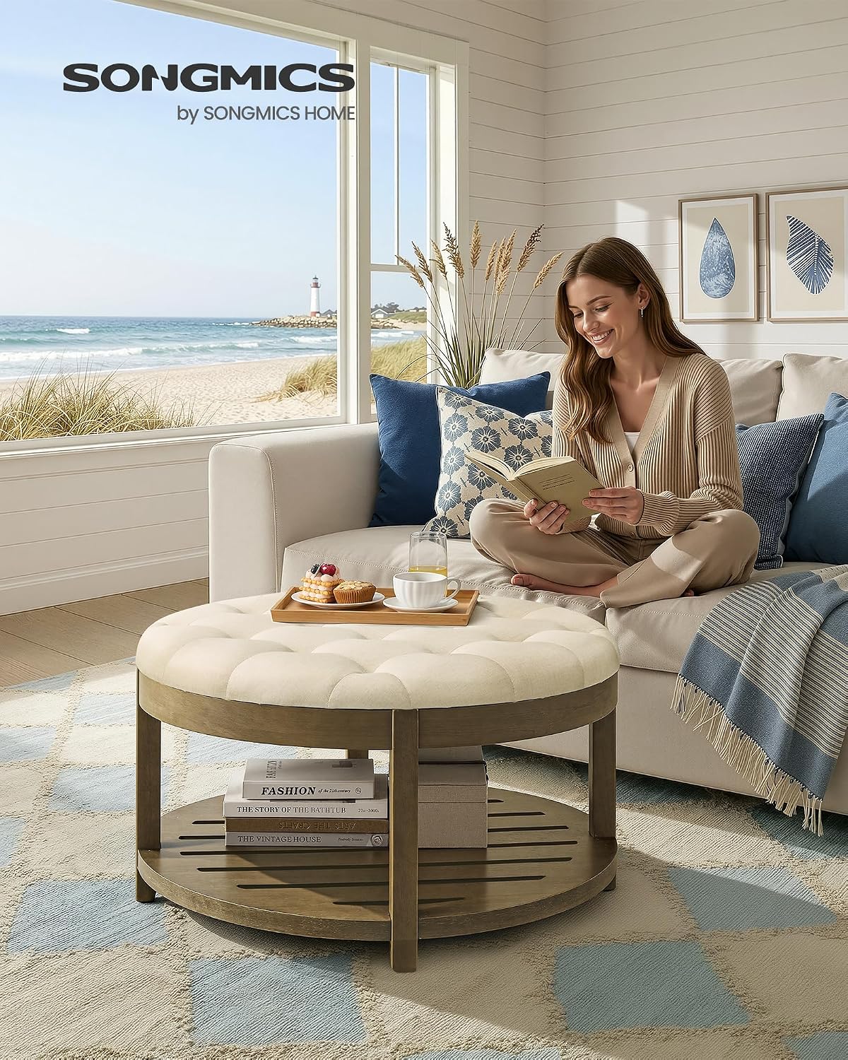 Sand Tufted Round Wood Frame Ottoman