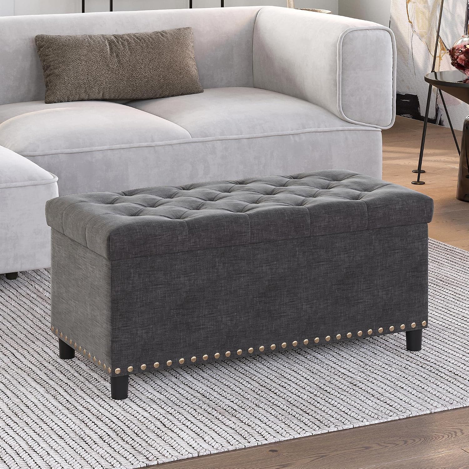 Dark Gray Tufted Storage Ottoman