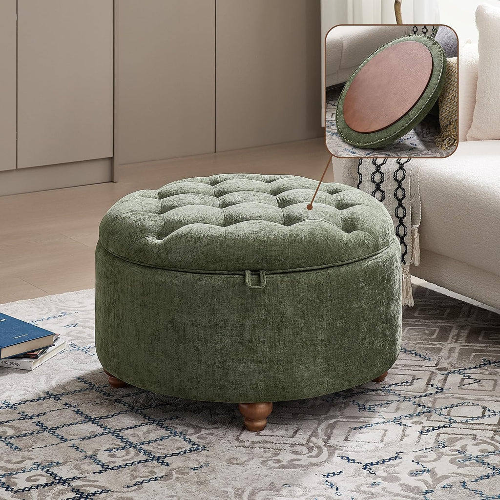 Green Tufted Round Tray Storage Ottoman